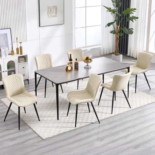 BERYTH 6er Set Esszimmerstühle, Küchenstuhl mit Hoher Rückenlehne Polsterstühle mit 5 cm Sitzkissen PU Leder Dining Chair Moderne Sessel und Metallbeine Beige von BERYTH