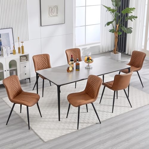 BERYTH 6er Set Esszimmerstühle, Küchenstuhl mit Hoher Rückenlehne Polsterstühle mit 5 cm Sitzkissen PU Leder Dining Chair Moderne Sessel und Metallbeine Braun von BERYTH
