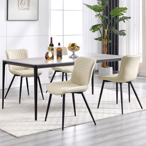 BERYTH Esszimmerstühle 4er Set Küchenstuhl mit Hoher Rückenlehne Polsterstühle mit 5 cm Sitzkissen PU Leder Dining Chair Moderne Sessel und Metallbeine Beige von BERYTH