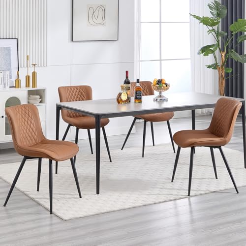 BERYTH Esszimmerstühle 4er Set Küchenstuhl mit Hoher Rückenlehne Polsterstühle mit 5 cm Sitzkissen PU Leder Dining Chair Moderne Sessel und Metallbeine Braun von BERYTH