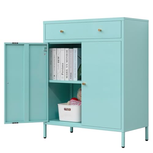 BESFUR Sideboard, Buffetschrank, Metallschrank mit Schublade, 99,3 cm H x 80,9 cm B x 40,9 cm T, Metall-Buffets und Sideboards für Wohnzimmer, Flur, Esszimmer, Mintgrün BESFUR Sideboard, Buffetschrank, Metallschrank mit Schublade, 99,3 cm H x 80,9 cm B x 40,9 cm T, Metall-Buffets und Sideboards für Wohnzimmer, Flur, Esszimmer, Mintgrün von BESFUR