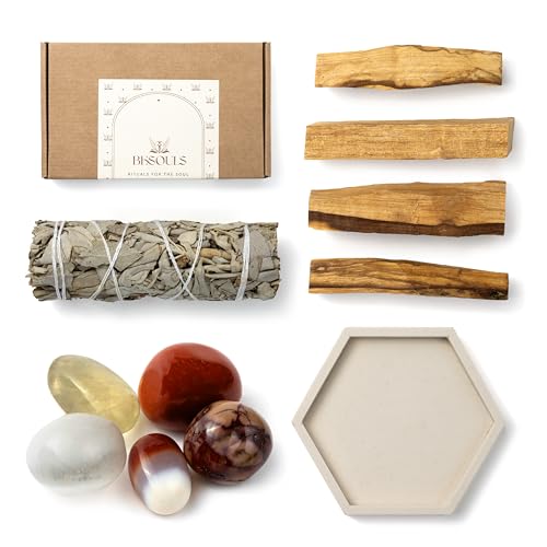 BESOULS Premium Räucherset hausreinigung Innere Stärke:4-6 Palo Santo Räucherholz 1 Weißer Salbei zum Räuchern 5 Steine Energie Handgefertigtes Tablett QR mit digitalem Inhalt (Innere Stärke) von BESOULS
