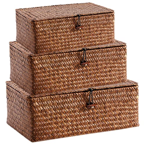 BESPORTBLE 3Stück Seegras Aufbewahrungskorb mit Deckel Geflochtener Korb Rattan Regalkorb Rattankorb Obstkorb Aufbewahrungsbox Badezimmer Naturbox Kosmetik Organizer von BESPORTBLE