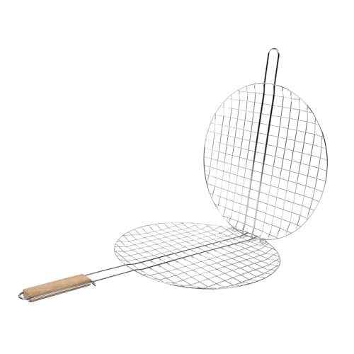 BESPORTBLE Edelstahl Grillrost Rund mit Holzgriff Großes Barbecue Grillgitter für Fisch und Fleisch Vielseitiges Kochgestell für Outdoor Camping Picknick Leicht Tragbar für Holzkohlegrill von BESPORTBLE
