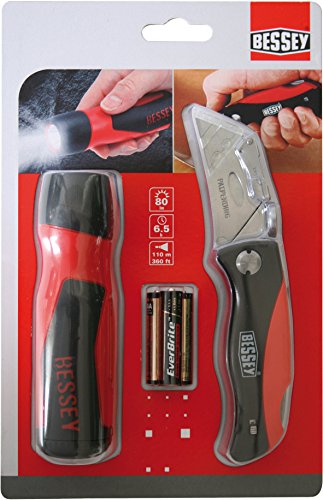 Bessey Klappmesser + LED Lampe | Messer DBKPH-EU mit Klingenfach (Gesamtlänge 16cm, Schneidenlänge 2,8cm) | Taschenlampe im BESSY Griff-Design (80 Lumen, 3x AAA Batterien – enthalten) von Bessey