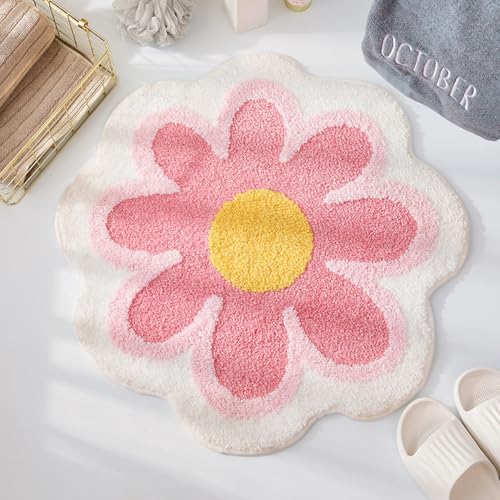 Badematte, flauschiger runder Teppich mit Blumenmotiv, super saugfähige Badematte, rutschfeste Badematte for Badezimmer, Küche, Schlafzimmer, waschbare Badewannenmatte for die Dusche(Pink,100x100cm) von BESSX