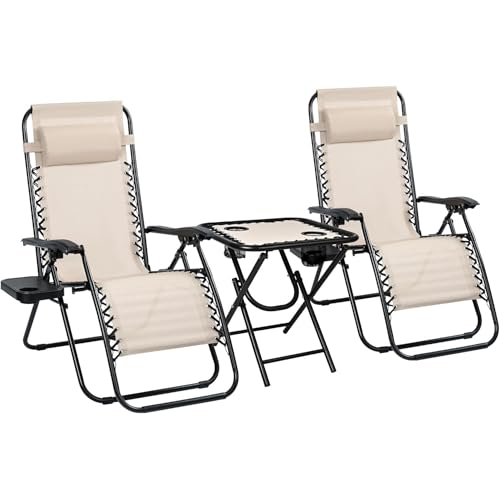 X2 Gartenliege klappbar & wetterfest. Set Sonnenliege klappbar. Wetterfeste Gartenliege mit Tisch, Kopfstütze & Getränkehalter. Relaxliege für Garten. Sonnenschutz. Auto (2 beige Liegestühle + Tisch) von BEST&FREE