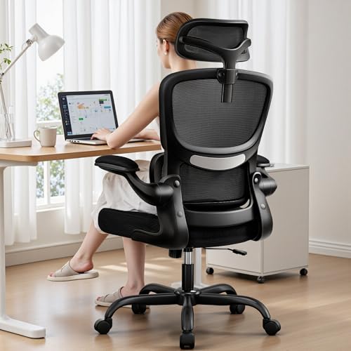 BESTFAIR Ergonomischer Bürostuhl mit hoher Rückenlehne, atmungsaktiver Netz-Schreibtischstuhl mit Lendenwirbelstütze, verstellbare Kopfstütze, hochklappbare Armlehnen, Computer-Gaming-Stuhl von BESTFAIR