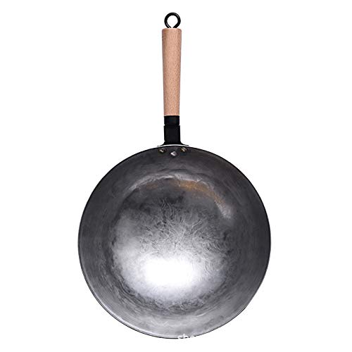 BESTHINKY 12,5-Zoll-Handgeschmiedete Wokpfanne, Traditioneller Handgehämmerter Pow Wok Aus Kohlenstoffstahl Mit Bambusgriff Und Stahlhelfergriff (12.5inch) von BESTHINKY