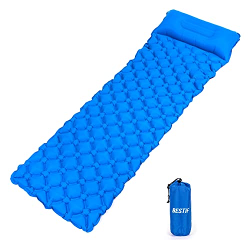 BESTIF Camping Isomatte aufblasbar Luftmatratze Outdoor Ultraleicht wasserdicht 190 x 58 x 5 cm kompakte Schlafmatte mit Kissen (Blau) von BESTIF