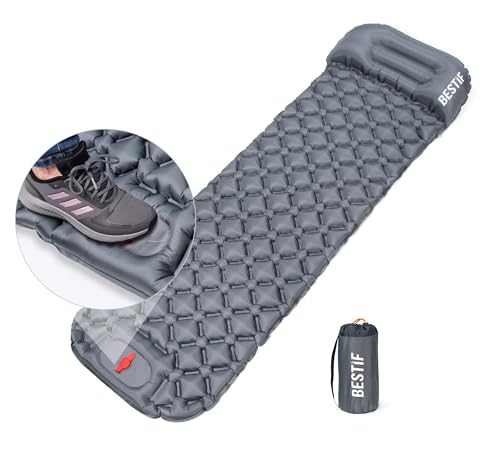 BESTIF Isomatte selbstaufblasend mit Fußpumpe und Kissen | Luftmatratze für Camping Outdoor | wasserdichte Matratze Ultraleicht Kleines Packmaß (Grau, 190 x 56 x 5,5 cm) von BESTIF