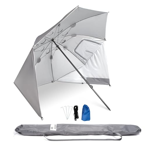 BESTIF Sonnenschirm Strandmuschel Groß XXL | Robuster 2IN1 Schirm für Strand Garten | Sonnenschutz UV-Schutz 50 | faltbar multifunktional | Fenster 210x220cm (Grau) von BESTIF