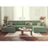 Bestmobilier - Dellia – wohnlandschaft u-form – 7-sitzer – mit schlaffunktion – mit bettkasten – aus cord - salbeigrün von BESTMOBILIER