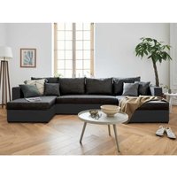 Bestmobilier - Opale – wohnlandschaft u-form – 7-sitzer – mit schlaffunktion – mit bettkasten – aus stoff und kunstleder - schwarz - Schwarz von BESTMOBILIER