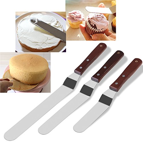 Winkelpalette Set – 3 Winkelpaletten Streich-Palette Edelstahl mit Holzgriff, Streichmesser, Tortenmesser, Glasurmesser, Icing Spatula Set von BESTOMZ