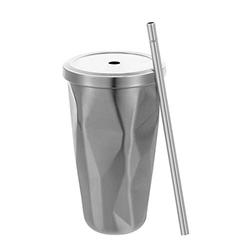 BESTonZON Edelstahl Tumbler mit Stroh Doppelwand Trinkbecher Kaffeetassen 500ml Unregelmäßiger Diamant mit Deckel (Silber) von BESTonZON