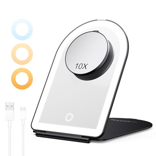 BESTOPE PRO Kosmetikspiegel mit Beleuchtung, LED Tragbarer Schminkspiegel 10-Fach Vergrößerung, 3 Dimmbare Farblichter, Wiederaufladbar Ultraschlanker Tischspiegel für Zuhause und Rasier, Schwarz von BESTOPE PRO