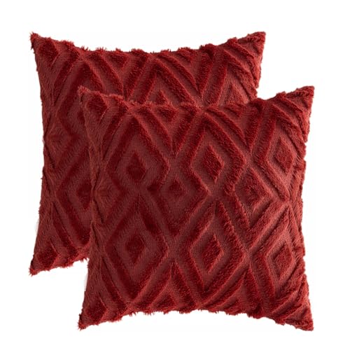 BESTORI 2er Set Kissenbezug 45 x 45 cm Kunstpelz Plüsch Sofakissen Weiche Deko Kissenhülle für Wohnzimmer Schlafzimmer Weinrot von BESTORI