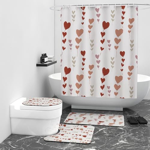 BESTORI 4-Teiliges Waschbar Badezimmer-Dekor Set mit Duschvorhang, rutschfeste U-Sockelteppich, Toilettenabdeung und moderner Badematte, Rot, 165 x 180 cm von BESTORI