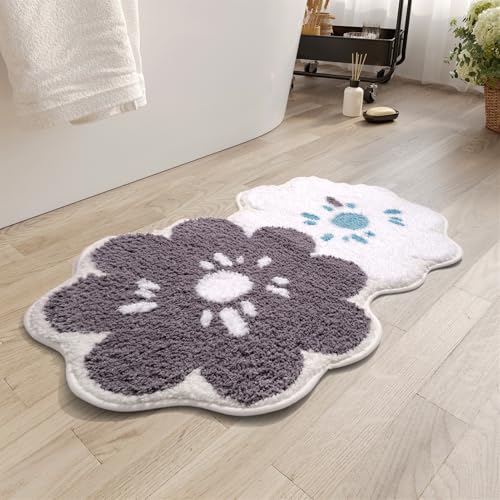 BESTORI Badezimmerteppich Mikrofaser rutschfest Badematte mit Blumenmuster maschinenwaschbar Teppich Weiche Dusch-Badewannenmatte, Grau, 47 x 80 cm von BESTORI