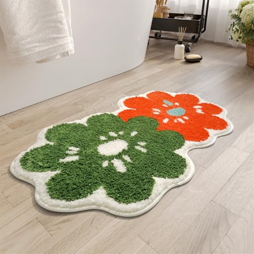 BESTORI Badezimmerteppich Mikrofaser rutschfest Badematte mit Blumenmuster maschinenwaschbar Teppich Weiche Dusch-Badewannenmatte, Grün, 35 x 60 cm von BESTORI