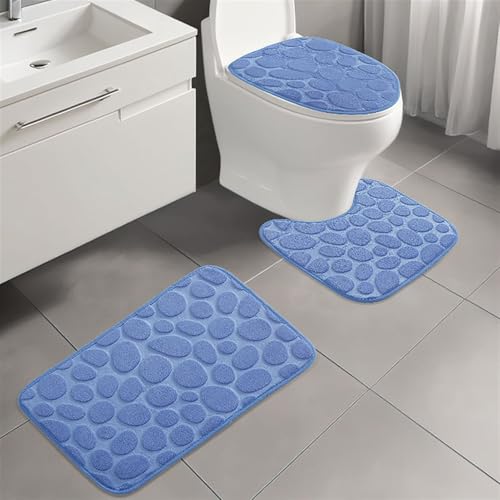 BESTORI Badezimmerteppich Set 3 Teilig Weich rutschfeste Badematte Maschinenwaschbar Toilettenmatte Toilettendeckelbezug Duschvorleger WC 40 x 60 cm Matte, Blau von BESTORI