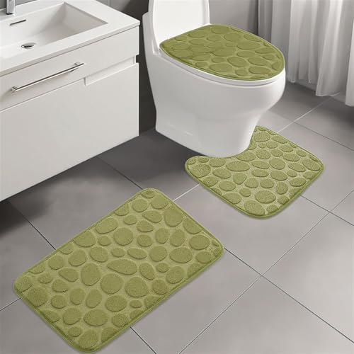 BESTORI Badezimmerteppich Set 3 Teilig Weich rutschfeste Badematte Maschinenwaschbar Toilettenmatte Toilettendeckelbezug Duschvorleger WC 40 x 60 cm Matte, Grün 01 von BESTORI