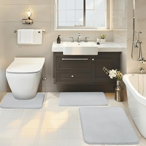 BESTORI Badezimmerteppich Set 3 Teilig rutschfest Waschbar Weiche Memory-Schaum Badematte und U Förmige WC Vorleger Badvorleger Blanc, 40x60cm + 50x80cm + U-Form 50x50cm von BESTORI