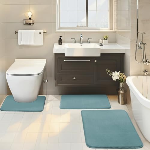 BESTORI Badezimmerteppich Set 3 Teilig rutschfest Waschbar Weiche Memory-Schaum Badematte und U Förmige WC Vorleger Badvorleger Bleu, 40x60cm + 50x80cm + U-Form 50x50cm BESTORI Badezimmerteppich Set 3 Teilig rutschfest Waschbar Weiche Memory-Schaum Badematte und U Förmige WC Vorleger Badvorleger Bleu, 40x60cm + 50x80cm + U-Form 50x50cm von BESTORI