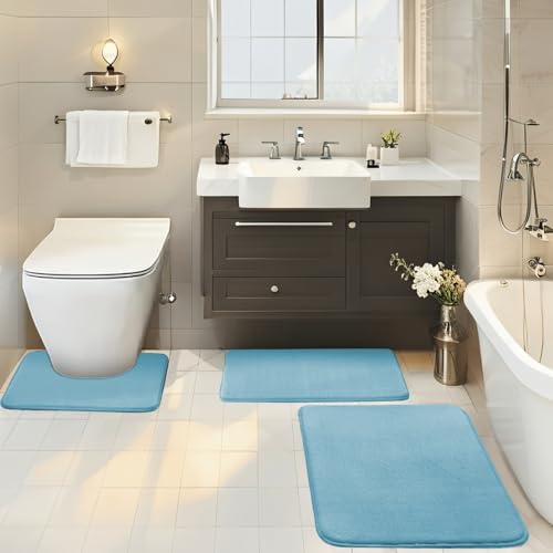 BESTORI Badezimmerteppich Set 3 Teilig rutschfest Waschbar Weiche Memory-Schaum Badematte und U Förmige WC Vorleger Badvorleger Bleu, 40x60cm + 50x80cm + U-Form 50x50cm von BESTORI