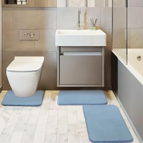 BESTORI Badezimmerteppich Set 3 Teilig rutschfest Waschbar Weiche Memory-Schaum Badematte und U Förmige WC Vorleger Badvorleger Bleu Clair, 40x60cm + 50x80cm + U-Form 50x50cm von BESTORI