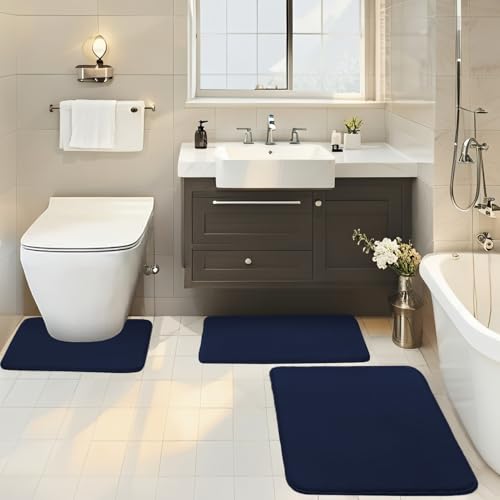 BESTORI Badezimmerteppich Set 3 Teilig rutschfest Waschbar Weiche Memory-Schaum Badematte und U Förmige WC Vorleger Badvorleger Bleu Marine, 40x60cm + 50x80cm + U-Form 50x50cm von BESTORI