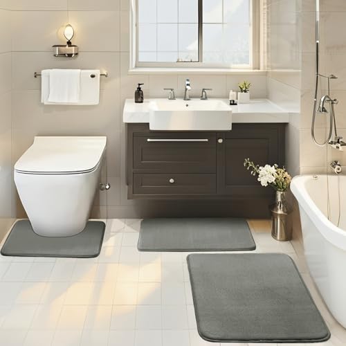 BESTORI Badezimmerteppich Set 3 Teilig rutschfest Waschbar Weiche Memory-Schaum Badematte und U Förmige WC Vorleger Badvorleger Gris, 40x60cm + 50x80cm + U-Form 50x50cm von BESTORI