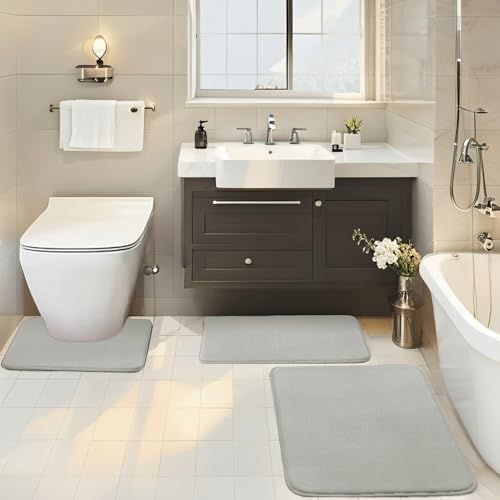 BESTORI Badezimmerteppich Set 3 Teilig rutschfest Waschbar Weiche Memory-Schaum Badematte und U Förmige WC Vorleger Badvorleger Gris Clair, 40x60cm + 50x80cm + U-Form 50x50cm von BESTORI