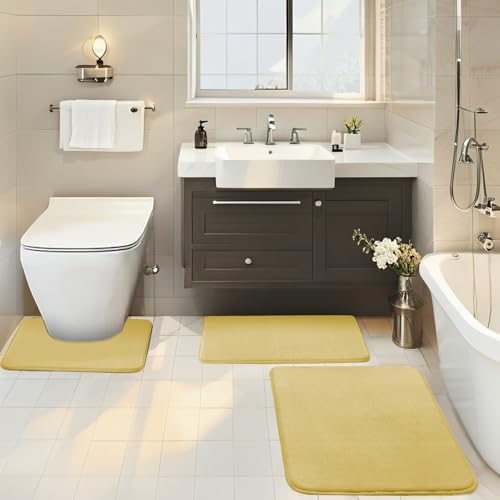 BESTORI Badezimmerteppich Set 3 Teilig rutschfest Waschbar Weiche Memory-Schaum Badematte und U Förmige WC Vorleger Badvorleger Jaune, 40x60cm + 50x80cm + U-Form 50x50cm von BESTORI
