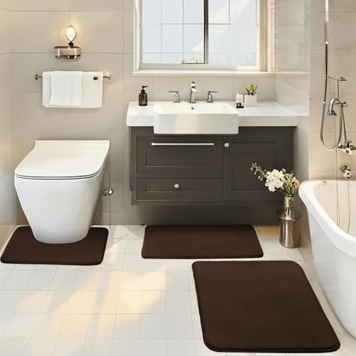 BESTORI Badezimmerteppich Set 3 Teilig rutschfest Waschbar Weiche Memory-Schaum Badematte und U Förmige WC Vorleger Badvorleger Marron, 40x60cm + 50x80cm + U-Form 50x50cm von BESTORI