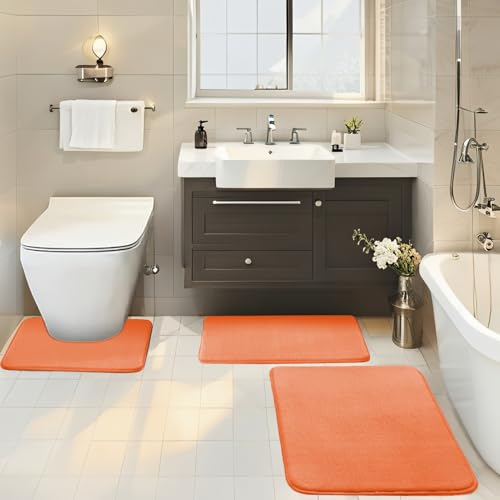 BESTORI Badezimmerteppich Set 3 Teilig rutschfest Waschbar Weiche Memory-Schaum Badematte und U Förmige WC Vorleger Badvorleger Orange, 40x60cm + 50x80cm + U-Form 50x50cm von BESTORI