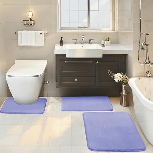 BESTORI Badezimmerteppich Set 3 Teilig rutschfest Waschbar Weiche Memory-Schaum Badematte und U Förmige WC Vorleger Badvorleger Pourpre, 40x60cm + 50x80cm + U-Form 50x50cm von BESTORI