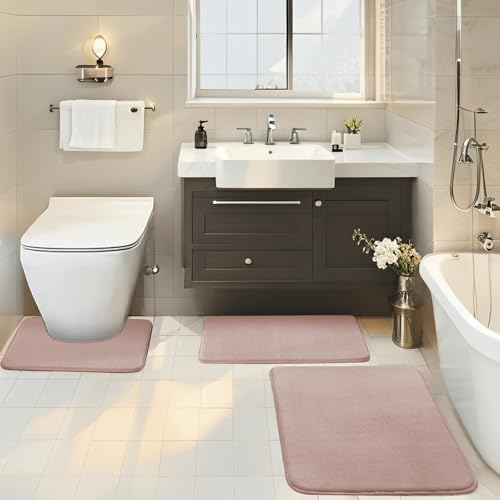 BESTORI Badezimmerteppich Set 3 Teilig rutschfest Waschbar Weiche Memory-Schaum Badematte und U Förmige WC Vorleger Badvorleger Rose, 40x60cm + 50x80cm + U-Form 50x50cm von BESTORI