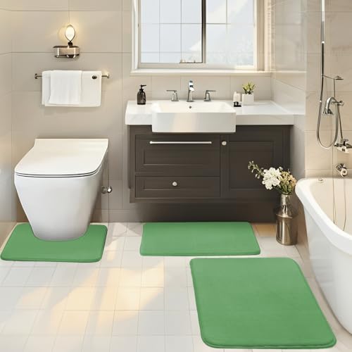 BESTORI Badezimmerteppich Set 3 Teilig rutschfest Waschbar Weiche Memory-Schaum Badematte und U Förmige WC Vorleger Badvorleger Vert, 40x60cm + 50x80cm + U-Form 50x50cm von BESTORI