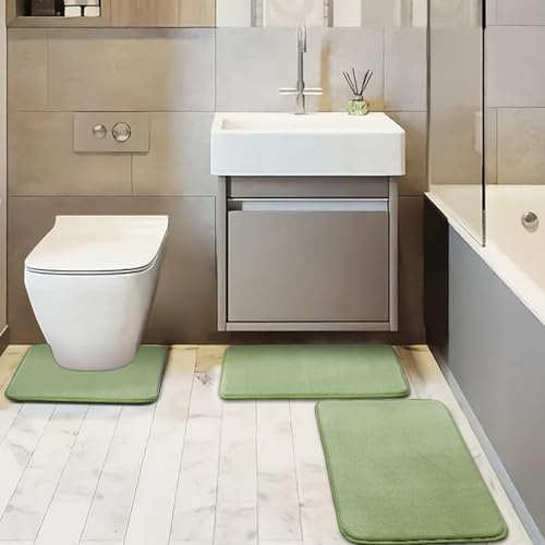 BESTORI Badezimmerteppich Set 3 Teilig rutschfest Waschbar Weiche Memory-Schaum Badematte und U Förmige WC Vorleger Badvorleger Vert Clair, 40x60cm + 50x80cm + U-Form 50x50cm von BESTORI