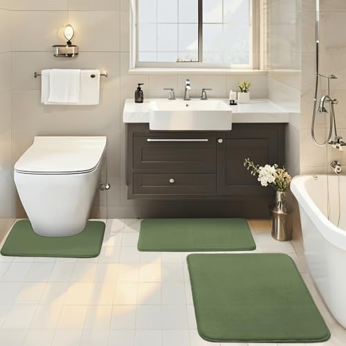 BESTORI Badezimmerteppich Set 3 Teilig rutschfest Waschbar Weiche Memory-Schaum Badematte und U Förmige WC Vorleger Badvorleger Vert Gazon, 40x60cm + 50x80cm + U-Form 50x50cm von BESTORI