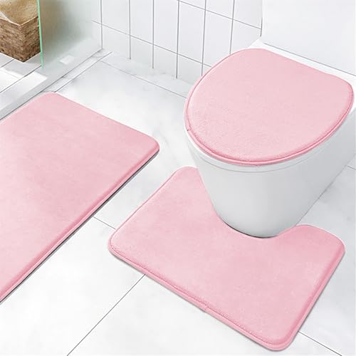 BESTORI Badezimmerteppich Set 3 Teilig rutschfest waschbar Badematte Weich U Förmige Toilettenmatte WC Teppich Duschvorleger Toilettendeckelbezug Set 50 x 80 cm Matte, Rosa von BESTORI