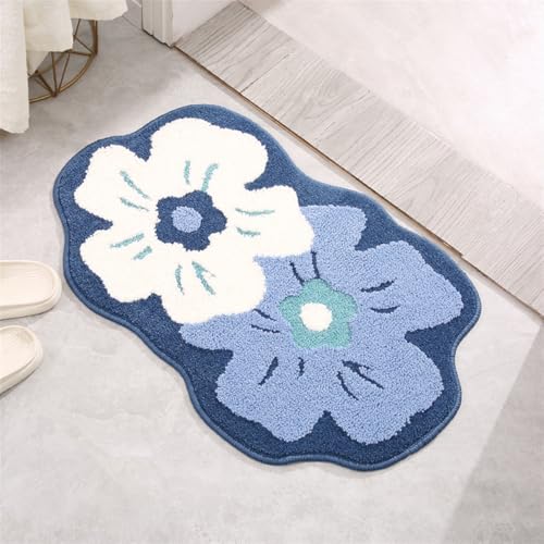 BESTORI Badezimmerteppich Weich rutschfest Mikrofaser Badematte mit Blumenmuster Maschine Waschbar Badvorleger Saugfähig Duschvorleger, Blau, 45 x 70 cm von BESTORI