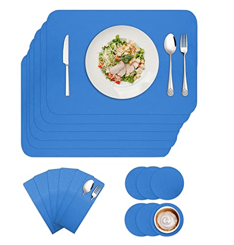 BESTORI Filz Tischset 6er Set, Waschbare Platzdeckchen Hitzebeständig Abwischbar Platzset mit Untersetzer und Bestecktaschen Blau 30x40cm von BESTORI