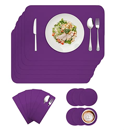 BESTORI Filz Tischset 6er Set, Waschbare Platzdeckchen Hitzebeständig Abwischbar Platzset mit Untersetzer und Bestecktaschen Dunkelviolett 30x40cm von BESTORI