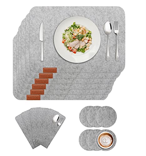 BESTORI Filz Tischset 6er Set, Waschbare Platzdeckchen Hitzebeständig Abwischbar Platzset mit Untersetzer und Bestecktaschen Hellgrau 30x40cm von BESTORI