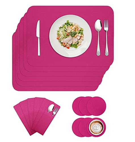 BESTORI Filz Tischset 6er Set, Waschbare Platzdeckchen Hitzebeständig Abwischbar Platzset mit Untersetzer und Bestecktaschen Kirschrot 30x40cm von BESTORI