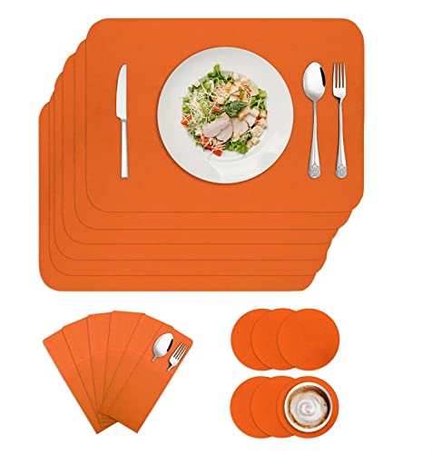 BESTORI Filz Tischset 6er Set, Waschbare Platzdeckchen Hitzebeständig Abwischbar Platzset mit Untersetzer und Bestecktaschen Orange 30x40cm von BESTORI