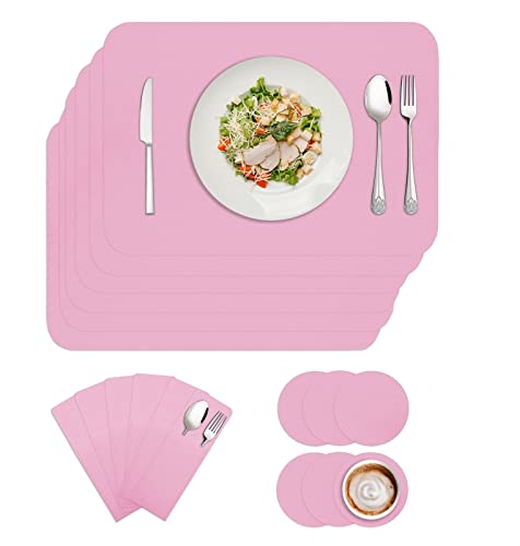 BESTORI Filz Tischset 6er Set, Waschbare Platzdeckchen Hitzebeständig Abwischbar Platzset mit Untersetzer und Bestecktaschen Rosa 30x40cm von BESTORI